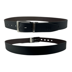 Cinto Masculino Javali Couro Anilina Preto/Marrom Com Fivela Prata Giratória Ref: JC242