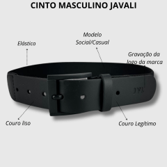 Cinto Masculino Javali Couro e Elástico Preto Com Fivela Preta Ref JC255
