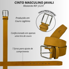 Cinto Masculino Javali Couro Nobuck Mostarda E Fivela Prata - REF: JC231