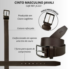 Cinto Masculino Javali Couro Soleta Café C/ Fivela Prata - REF: JC223