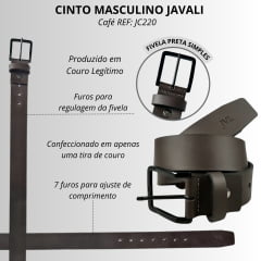 Cinto Masculino Javali Couro Soleta Café Com Fivela Preta - REF: JC220