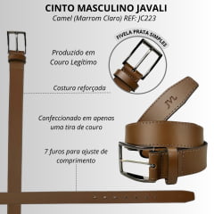 Cinto Masculino Javali Couro Soleta Camel (Marrom Claro) E Fivela Prata - REF: JC223