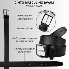 Cinto Masculino Javali Couro Soleta Preto E Fivela Prata - REF: JC223