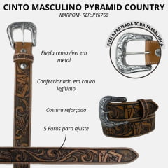 Cinto Masculino Pyramid Country Marrom Couro Natural Entalhado Cassino Destacado REF:PY6768