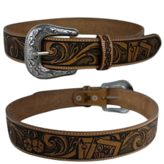 Cinto Masculino Pyramid Country Marrom Couro Natural Entalhado Cassino Destacado REF:PY6768