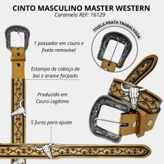 Cinto Masculino Master Western Couro Caramelo Claro C/ Bordado Cabeça De Boi Branco Entalhado Arame Preto REF: 16129