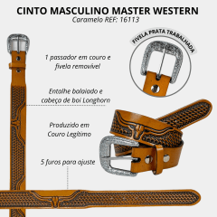 Cinto Masculino Master Western Couro Caramelo Entalhado Balaio E Longhorn REF: 16113