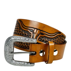 Cinto Masculino Master Western Couro Caramelo Entalhado Balaio E Longhorn REF: 16113