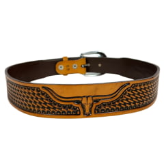 Cinto Masculino Master Western Couro Caramelo Entalhado Balaio E Longhorn REF: 16113