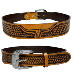 Cinto Masculino Master Western Couro Caramelo Entalhado Balaio E Longhorn REF: 16113