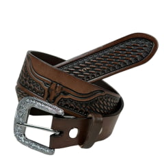 Cinto Masculino Master Western Couro Marrom Entalhado Balaio E Longhorn REF: 16113