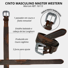 Cinto Masculino Master Western Couro Marrom Entalhado Balaio E Longhorn REF: 16113