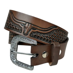 Cinto Masculino Master Western Couro Marrom Entalhado Balaio E Longhorn REF: 16113