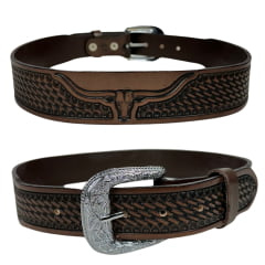 Cinto Masculino Master Western Couro Marrom Entalhado Balaio E Longhorn REF: 16113