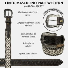 Cinto Masculino Paul Western Couro Marrom Bordado Bege/Marrom e Ponteira Ref.371