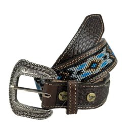 Cinto Masculino Paul Western Couro Marrom Duas Costuras E Bordado Miçanga Branco/Azul E Marrom Com Ponteira Ref: 3512