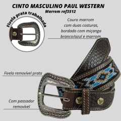 Cinto Masculino Paul Western Couro Marrom Duas Costuras E Bordado Miçanga Branco/Azul E Marrom Com Ponteira Ref: 3512