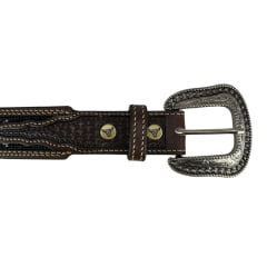 Cinto Masculino Paul Western Couro Marrom Duas Costuras E Bordado Miçanga Branco/Azul E Marrom Com Ponteira Ref: 3512