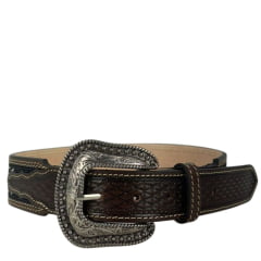Cinto Masculino Paul Western Couro Marrom Duas Costuras E Bordado Miçanga Branco/Azul E Marrom Com Ponteira Ref: 3512