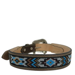 Cinto Masculino Paul Western Couro Marrom Duas Costuras E Bordado Miçanga Branco/Azul E Marrom Com Ponteira Ref: 3512