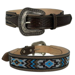 Cinto Masculino Paul Western Couro Marrom Duas Costuras E Bordado Miçanga Branco/Azul E Marrom Com Ponteira Ref: 3512