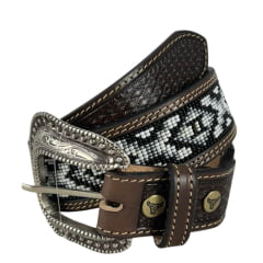 Cinto Masculino Paul Western Couro Marrom Duas Costuras Bordado Miçanga Branco E Preto Com Ponteira Ref351