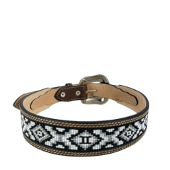 Cinto Masculino Paul Western Couro Marrom Duas Costuras Bordado Miçanga Branco E Preto Com Ponteira Ref351