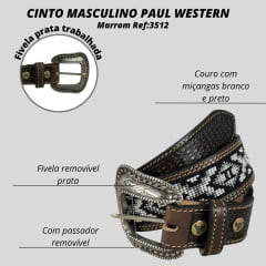Cinto Masculino Paul Western Couro Marrom Duas Costuras Bordado Miçanga Branco E Preto Com Ponteira Ref351
