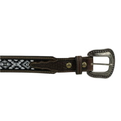 Cinto Masculino Paul Western Couro Marrom Duas Costuras Bordado Miçanga Branco E Preto Com Ponteira Ref351
