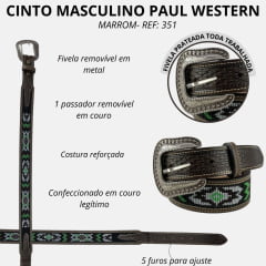 Cinto Masculino Paul Western Couro Marrom Com Miçanga Preta/Branco/Verde Ref: 351