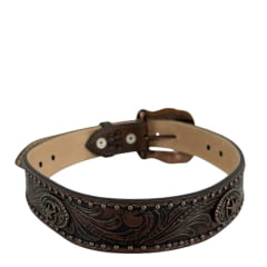 Cinto Masculino Paul Western Couro Marrom Com Tachinha e Medalhas Douradas e Fivela Entalhado Ramo Ref:353