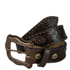 Cinto Masculino Paul Western Couro Marrom Com Tachinha e Medalhas Douradas e Fivela Entalhado Ramo Ref:353