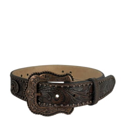 Cinto Masculino Paul Western Couro Marrom Com Tachinha e Medalhas Douradas e Fivela Entalhado Ramo Ref:353