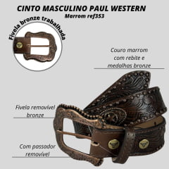 Cinto Masculino Paul Western Couro Marrom Com Tachinha e Medalhas Douradas e Fivela Entalhado Ramo Ref:353