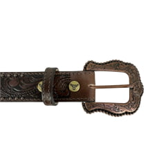 Cinto Masculino Paul Western Couro Marrom Com Tachinha e Medalhas Douradas e Fivela Entalhado Ramo Ref:353
