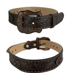 Cinto Masculino Paul Western Couro Marrom Com Tachinha e Medalhas Douradas e Fivela Entalhado Ramo Ref:353