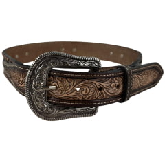 Cinto Masculino Paul Western Couro Marrom Mesclado Bege Tachinhas E Botons Ponteira Entalhada Ramo Ref:502-1