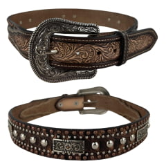 Cinto Masculino Paul Western Couro Marrom Mesclado Bege Tachinhas E Botons Ponteira Entalhada Ramo Ref:502-1
