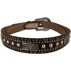 Cinto Masculino Paul Western Couro Marrom Mesclado Bege Tachinhas E Botons Ponteira Entalhada Ramo Ref:502-1