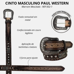 Cinto Masculino Paul Western Couro Marrom Mesclado Bege Tachinhas E Botons Ponteira Entalhada Ramo Ref:502-1