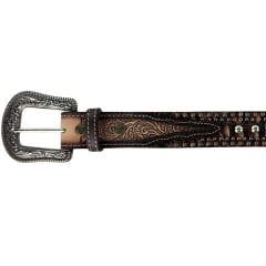 Cinto Masculino Paul Western Couro Marrom Mesclado Bege Tachinhas E Botons Ponteira Entalhada Ramo Ref:502-1