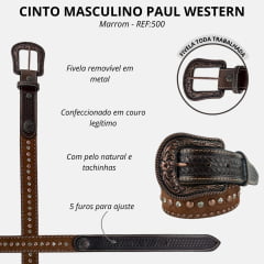 Cinto Masculino Paul Western Couro Marrom Pelo Ponteira Entalhado Tachinhas Bronze E Strass Ref:500