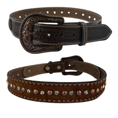 Cinto Masculino Paul Western Couro Marrom Pelo Ponteira Entalhado Tachinhas Bronze E Strass Ref:500