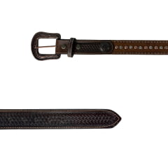 Cinto Masculino Paul Western Couro Marrom Pelo Ponteira Entalhado Tachinhas Bronze E Strass Ref:500