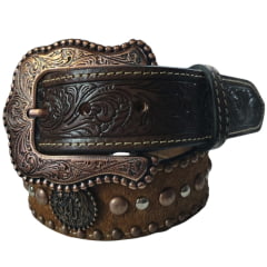 Cinto Masculino Paul Western Couro Marrom Pelo Tachinhas E Botons Acobreados Ponteira Entalhado Ramo Ref:501