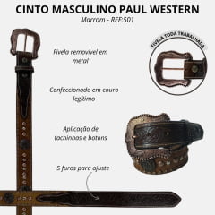 Cinto Masculino Paul Western Couro Marrom Pelo Tachinhas E Botons Acobreados Ponteira Entalhado Ramo Ref:501