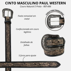 Cinto Masculino Paul Western Couro Natural E Preto Entalhado Folhas Costura Lateral Ref:496