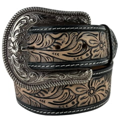 Cinto Masculino Paul Western Couro Natural E Preto Entalhado Folhas Costura Lateral Ref:496