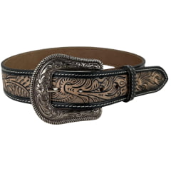 Cinto Masculino Paul Western Couro Natural E Preto Entalhado Folhas Costura Lateral Ref:496