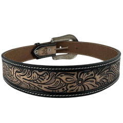 Cinto Masculino Paul Western Couro Natural E Preto Entalhado Folhas Costura Lateral Ref:496